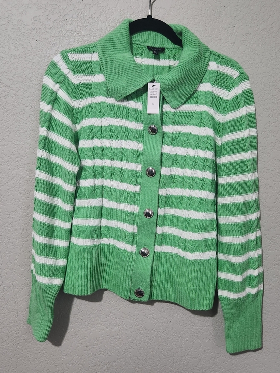 Talbots Sweaters - Talbots Green and White Striped Button-Up Cardigan